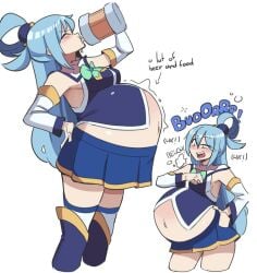 1girls 2d aqua_(konosuba) belly_expansion bloated bloated_belly bloated_stomach bloated_tummy burp burping_up_skull elpacha2 english_text fat fat_woman female female_only kono_subarashii_sekai_ni_shukufuku_wo! open_mouth solo text