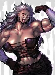 1girls 2d :p deltoids dorohedoro earrings fangs flexing flexing_bicep gloves hairy_armpits long_hair looking_at_viewer muscle_fetish muscular muscular_female noi_(dorohedoro) red_eyes solo tongue white_hair