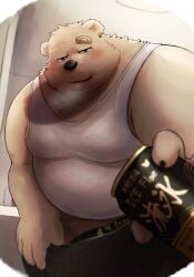 2023 anthro band-aid bandage barely_visible_genitalia barely_visible_penis bear belly big_belly black_nose blush can clothing container genitals hi_res kemono male mammal metaporin overweight overweight_male penis polar_bear shirt solo topwear underwear ursine