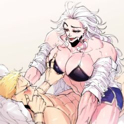 2d assertive_female blonde_hair blushing breast_grab dorohedoro muscular_female noi_(dorohedoro) pillow red_eyes shin_(dorohedoro) smug_grin stitches wanting_sex white_hair