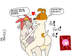 absurd_res anthro ass balls bedroom_eyes betelgeusian big_butt blush bodily_fluids breasts canid canine canis ch35t3r clothing cum domestic_dog duo felid female genital_fluids genitals hat headgear headwear hi_res impregnation interspecies male male/female mammal meow_(space_dandy) naked narrowed_eyes nude olive_(olive_the_other_reindeer) olive_the_other_reindeer penetration penis seductive sex space_dandy speech_bubble vaginal_penetration whiskers white_background