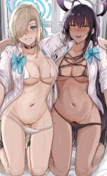 2girls absurdres arm_around_shoulder ass_visible_through_thighs asuna_(blue_archive) bikini black_bikini black_hair blonde_hair blue_archive blue_bow blue_eyes blush bow breasts choker cleft_of_venus dark-skinned_female dark_skin grin hair_over_one_eye halo highres indoors karin_(blue_archive) kneeling large_breasts long_hair looking_at_viewer micro_bikini millennium_science_school_student multiple_girls navel nose_blush nui_gurumi open_clothes open_shirt pussy school_uniform sideboob smile swimsuit uncensored underboob very_long_hair white_bikini window yellow_eyes