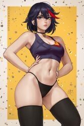 1girls 2020s 2023 anniversary athletic athletic_female bangs bare_arms bare_shoulders bare_skin big_breasts black_panties black_tank_top black_thong black_underwear blue_eyes blue_hair breasts choker cleavage clothed clothing confetti female female_focus female_only fit fit_female hands_on_waist kill_la_kill light_skin light_skinned_female looking_at_viewer matoi_ryuuko navel no_pants panties red_hair sciamano240 senketsu short_hair simple_background slim_girl slim_waist solo solo_female solo_focus stomach studio_trigger tank_top thick_thighs thighhighs thighs thong two_tone_background two_tone_hair underwear