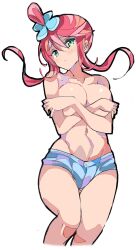 breasts covering_breasts enpe pink_hair pokemon pokemon_bw pokemon_bw2 short_jeans shorts skyla_(pokemon) thighs topless