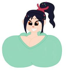 2023 big_breasts boob_window breasts_bigger_than_head bumm213 clothed disney female female_only huge_breasts vanellope_von_schweetz white_background wreck-it_ralph