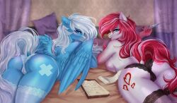 alicesmitt31 anthro bed blue_body blue_eyes blue_fur breasts camel_toe cherry_pop_(xanthor) clothing duo earth_pony equid equine fan_character fur furniture hair hasbro hi_res horse icy_heart legwear looking_at_viewer mammal my_little_pony on_bed panties pegasus pony red_hair side_boob stockings syringe tail underwear white_hair white_tail wings