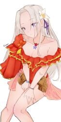 1girls alternate_costume bare_shoulders bare_thighs breasts cleavage collarbone edelgard_von_hresvelg edelgard_von_hresvelg_(summer) female female_only fire_emblem fire_emblem:_three_houses fire_emblem_heroes flower grey_hair hair_flower long_hair medium_breasts nintendo official_alternate_costume one-piece_swimsuit purple_eyes red_one-piece_swimsuit red_swimsuit serafineart1001 shoulders sitting smile solo thighs white_background