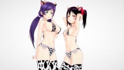 2girls 3d areola_slip cow_print female_only koikatsu large_breasts love_live! mike_oxlong self_upload small_breasts thighhighs toujou_nozomi yazawa_nico