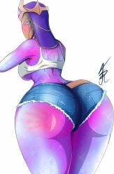 1girls 2d alien alien_girl alien_humanoid artist_request artist_signature ass big_ass big_butt blue_eyes blush booty_shorts crop_top female female_only hotpants huge_ass mobile_legends mobile_legends:_adventure mobile_legends:_bang_bang purple_body purple_skin rear_view short_shorts shorts slap_mark solo spank_mark tagme thick_thighs thighs video_game_character video_games white_background yve_(mobile_legends)