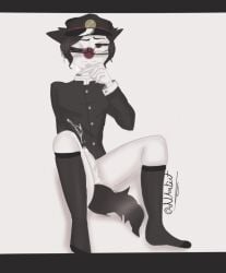 1boy animal_ears animal_tail black_hair clothing countryhumans cum cum_on_clothes erection femboy japan_(countryhumans) legwear long_socks male male_only nartist1998 red_eyes short_hair simple_background sitting watermark white_background white_body white_skin