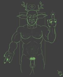 abs absurd_res antlers balls biceps body_hair chest_hair deity devil_horns_(gesture) empty_eyes flaccid flower foreskin gender_symbol genitals gesture goblin goblin_male hairy_balls hi_res horn humanoid humanoid_pointy_ears long_foreskin male male_symbol middle_finger monochrome muscular navel nipples pecs penis plant pubes religious_motif religious_symbols religious_themes scruffy simple_background solo solo_focus spiffygreen stocky symbol