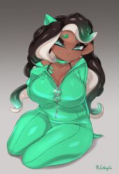 1girls 2020 big_breasts bodysuit breasts cat_ears choker cleavage clothed clothes dark-skinned_female dark_skin female female_only fully_clothed inklingloe looking_at_viewer marina_(splatoon) octoling octoling_girl sitting sitting_on_floor splatoon thick_thighs thighs