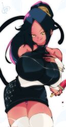 1girls 2022 arms_under_breasts artist_signature bare_shoulders bare_thighs big_breasts black_clothing black_dress black_hair bleach bracelet cat_tail clothing dark-skinned_female dark_skin elbow_gloves fanart gold_jewelry hands_on_breasts hips holding_object huge_breasts large_breasts licking licking_lips long_hair looking_at_viewer massive_breasts omochi_db panties ponytail popsicle purple_panties seductive seductive_look shihouin_yoruichi smile smiling_at_viewer stockings tail thighhighs thighs voluptuous voluptuous_female yellow_eyes