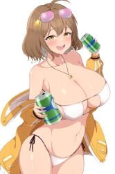 1girls 2d :d absurdres ahoge anis_(nikke) anis_(sparkling_summer)_(nikke) bare_shoulders bikini blush brown_eyes brown_hair can collarbone cowboy_shot eyepatch_bikini eyewear_on_head female goddess_of_victory:_nikke highres holding holding_can jacket jewelry kana_(wucz8478) navel off_shoulder open_mouth pendant side-tie_bikini_bottom simple_background smile soda_can solo stomach sunglasses swimsuit white_background white_bikini yellow_jacket