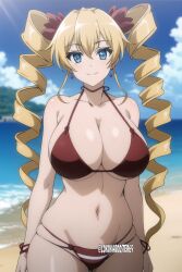 1girls ai_generated beach big_breasts bikini blonde_hair blue_eyes breasts busty child_bearing_hips claire_harvey cleavage drill_hair female female_only hundred legs looking_at_viewer navel ocean red_bikini smile solo thighs twin_drills voluptuous water