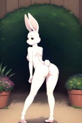 1girls 2023 ai_generated anthro ass back_view beastars breasts brown_eyes domestic_rabbit duo haru_(beastars) lagomorph leopard light_skin long_ears looking_back netherdrake nipples nude nude_female plants pussy rabbit rabbit_ears rabbit_girl rabbit_tail solo stable_diffusion white_body white_fur