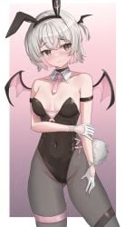 2d bunnerdette bunny_ears bunny_girl bunny_tail bunnysuit devil_wings embarrassed grey_hair leotard small_breasts virtual_youtuber vyugen