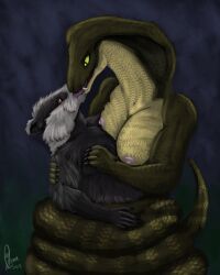 absurd_res anthro badger black_and_white_fur breasts brown_eyes chubby_male coiling duo fangs female fur godret'nu_(uncrom) green_eyes hi_res ivan_(uncrom) kissing male male/female mammal mustelid musteline neck_bulge nipples reptile scales scalie simple_background snake teeth uncrom yenocwolf