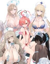 5girls akane_(blue_archive) asuna_(blue_archive) black_hair blonde_hair blue_archive blue_eyes breast_envy breast_size_difference breasts brown_eyes brown_hair chocolate_and_vanilla cleaning_&_clearing_(blue_archive) dark-skinned_female dark_skin dishwasher1910 female glasses gloves hair_over_one_eye huge_breasts karin_(blue_archive) large_breasts light-skinned_female light_skin lingerie long_hair millennium_science_school_student neru_(blue_archive) nurse nurse_cap png red_eyes red_hair short_hair sling_bikini small_breasts toki_(blue_archive) yellow_eyes