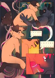 anthro black_body black_fur canid canine canis comic domestic_cat domestic_dog duo felid feline felis fur hemuchang hi_res kissing male male/male mammal on_lap pots_(character) shin_(hemuchang) silhouette sitting_on_lap tan_body tan_fur