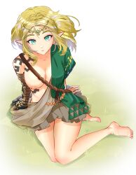 1girls bare_legs barefoot blonde_hair body_markings casual_nudity circlet cosplay crossplay feet female green_eyes large_breasts link_(cosplay) meisaki nintendo nipples no_bra no_shoes one_breast_out outside partially_clothed pointy_ears princess_zelda short_hair sitting solo tears_of_the_kingdom the_legend_of_zelda thighs zelda_(tears_of_the_kingdom) zelda_protagonista