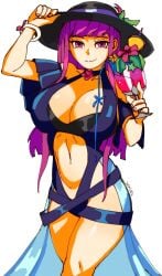 1girls 3amsoda alternate_costume artist_name black_headwear blue_one-piece_swimsuit blue_swimsuit bracelet breasts cleavage commentary crossed_legs curvy drink female female_only fire_emblem fire_emblem_engage fire_emblem_heroes flower flower_hat hat highres huge_breasts ivy_(fire_emblem) ivy_(summer)_(fire_emblem) jewelry looking_at_viewer navel nintendo official_alternate_costume one-piece_swimsuit purple_eyes purple_hair simple_background smile solo sun_hat swimsuit white_background