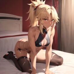 ai_generated cum_on_body fate_(series) mordred_(fate) mordred_(fate)_(all) mordred_(fate/apocrypha) mordred_(swimsuit_rider) tan_body thighhighs