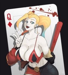 1girls 2023 2d baseball_bat batman_(series) belt big_breasts bleached_skin blonde_hair blood blue_eyes booty_shorts bra cleavage dc dc_comics female female_only harley_quinn huge_breasts jacket jorge_jiminez large_breasts ollertdraws peace_sign playing_card solo star tongue_out twintails v-sign