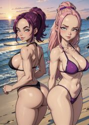 2023 2girls abs ai_generated ai_hands athletic athletic_female beach bikini bikini_bottom bikini_top blue_eyes blush breasts bubble_butt code_lyoko code_lyoko_(style) curvy eyebrows female_only fit fit_female light-skinned_female lips looking_at_viewer muscular_arms oc original_character pink_hair ponytail purple_hair slim_waist smile smiling_at_viewer sunset teenager thick thick_legs thick_lips thick_thighs thighs