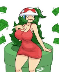 1girls breasts cleavage clothing dodo-bot dress dubious_consent eyes_covered female female_only green_hair hand_on_breast hand_over_breasts implied_prostitution long_hair mario_(series) messy_hair money offscreen_character pipes piranha_plant piranha_plant_girl plant_girl prostitution red_dress short_dress simple_background smile solo sweat sweatdrop sweating thick_thighs very_long_hair vines warp_pipe white_background