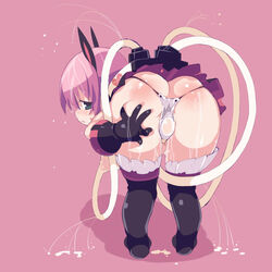 animal_ear ass ass_cleavage bent_over blush breasts butt_crack deathlock-san gloves hanging_breasts highres lactation large_breasts milking milking_machine panties pointy_ears thighhighs thong underwear zankuro