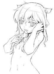 1girls animal_ear cum cum_in_mouth cum_on_body cum_on_upper_body female flat_chest monochrome motsu_(artist) mozu_(peth) nude simple_background sketch solo strike_witches takei_junko