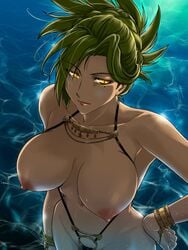 armpits beauty_mark bracelet breasts character_request dark_skin green_hair hand_on_hip highres hips jewel jewelry large_breasts lots_of_jewelry mole navel nipples pubic_hair schelz short_hair slit_pupils smile swimsuit water yellow_eyes