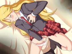 1girls bed blonde_hair blush breast_grab breasts clenched_teeth closed_eyes clothed_masturbation clothing earrings endured_face female fingering jewelry kimura_kaere long_hair lying maku_(l-u) makura_no_doushi masturbation necktie panties_around_leg panties_around_one_leg sayonara_zetsubou_sensei school_uniform skirt socks solo sweat thighhighs