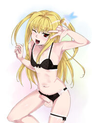 1boy blonde_hair bra censored crossdressing human male male_human male_only maria_holic mole mole_under_eye panties penis red_eyes shidou_mariya solo trap v wink