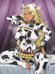 1girls adjusting_hair animal_ear armpits arms_up beads belt blonde_hair blonde_pubic_hair breasts clit_piercing clitoris_piercing cow_accoutrements cow_ear cow_girl cow_print dark_skin enoshima_iki feet female ganguro highres horns large_breasts lipstick long_hair looking_at_viewer makeup moo_bitch nipples piercing pubic_hair purple_lips sitting smell solo source_request tissue tissues toes translation_request