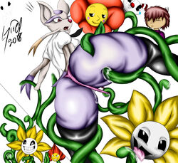 1boy 1girls 2018 ambiguous_gender anthro ass big_ass brown_hair cagney_carnation crossover cuphead cuphead_(game) digital_media_(artwork) female flowey_the_flower forced frisk furry hi_res human interspecies mienshao nintendo parody plant pokémon_(species) pokemon pokemon_bw pokemorph purple_fur rape smile tentacle tentacle_rape tentacles text undertale video_games wet