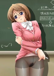 1girls blue_eyes blush breasts brown_hair chalk chalkboard female highres hiyoko_daiou mole no_panties original pantyhose pubic_hair short_hair skirt skirt_lift smile solo teacher thigh_gap thighs