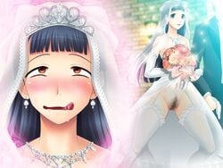 1girls :d ahe_gao blush bouquet bride bride_gown desecration dreaming drooling earrings face flower garter_straps hairy_pussy hentai_seiheki_dominance_-_femdom_of_paraphilia jewelry licking_lips mind_break msize necklace no_panties pointy_chin pubic_hair pussy rolling_eyes saliva stockings sweat thighhighs wedding wedding_dress wedding_veil white_stockings