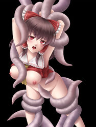 bottomless bow brown_eyes brown_hair female hair_tubes hairbow highres human long_hair mochi.f no_bra no_panties reimu_hakurei shirt_lift tentacle touhou