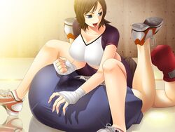 ballbusting bike_shorts blue_eyes boxing breasts brown_hair bulge clothed_erection cock_and_ball_torture cowgirl_position cum cum_in_pants cum_on_clothes erection facesitting femdom hentai_seiheki_dominance_-_femdom_of_paraphilia msize penis shirt shorts sitting sitting_on_person skin_tight