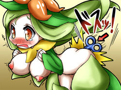 anal arrow ass blush breasts cosplay costume gold_eyes lilligant nipple nipples pale_skin personification pokemon shocked surprised tear uranoyoru winding_key yellow_eyes