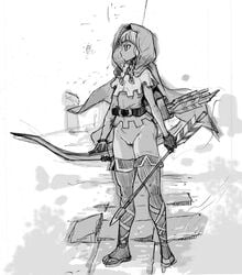 belt boots bottomless bow bow_(weapon) braid casual cloak clothing dragon's_crown elf elf_(dragon's_crown) female gloves handwear hood legwear monochrome no_panties pale_skin pussy shiwasu_no_okina sketch solo thigh_boots thighhighs twin_braids vanillaware weapon