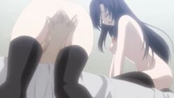 2girls animated bed black_hair black_legwear black_thighhighs bouncing_breasts breasts censored closed_eyes fingering group_sex katsura_kotonoha long_hair multiple_girls pussy pussy_juice saionji_sekai school_days straddle thighhighs