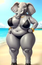 ai_generated anthro big_breasts bikini black_bikini elephant female female_only jewelry nipple_bulge nipple_outline notthatclassic solo solo_female wide_hips