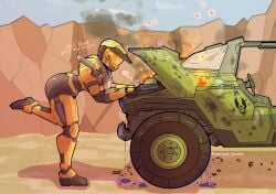 1girls 2d_(artwork) armor armored_female ass blood burning damaged_vehicle english english_dialogue english_text female female_focus female_human female_only female_soldier female_spartan_(halo) halo_(series) helmet human_female large_ass no_sex power_armor sand smoke spartan_(halo) spartandoodles thick_ass thick_thighs thighs unsc yellow_armor