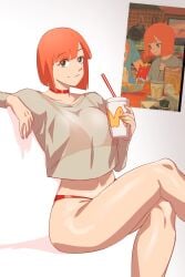 1girls big_breasts bikini bob_cut breasts choker ernez ernez_996 female female_only jerukperas mcdonald's mom_(japanese_mcdonald's_commercial) orange_hair reference_image smile solo thick_thighs thighs yoru_mac