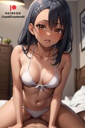 ai_generated bare_shoulders bikini bikini_bottom bikini_top black_hair blush blush_lines blushing_at_viewer brown_eyes cleavage hayase_nagatoro lewdcreationsai looking_at_viewer naoto_hachioji_(senpai) on_person petite please_don't_bully_me,_nagatoro sitting sitting_on_person small_breasts smirk smirking smirking_at_viewer spread_legs stable_diffusion thighs