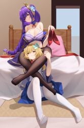 2d 2d_(artwork) 2girls arms bare_shoulders bed bedroom belly big_breasts blonde_hair breasts closed_mouth clothed clothing covered_breasts covered_nipples digital_drawing_(artwork) dress feet female female/female female_focus female_only fingers flower_in_hair front_view fully_clothed genshin_impact hair hair_ornament hands head_between_thighs heels hips hoyoverse image legs legs_apart legs_around_head legs_around_partner legwear light_skin long_hair looking_at_another looking_down luai lumine_(genshin_impact) midriff open_eyes purple_eyes purple_hair raiden_shogun short_hair shoulders sitting soles stockings stomach thighs toes waist yellow_eyes yuri