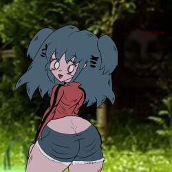 1boy 1girls ass ass_cleavage blue_hair butt_crack female_focus giygal hairclip hairclips jean_shorts lacey’s_wardrobe lacey_(lacey_games) lacey_games large_ass pink_skin short_hair stalker_(lacey_games) thick thick_thighs twintails when_you_see_it white_eyes